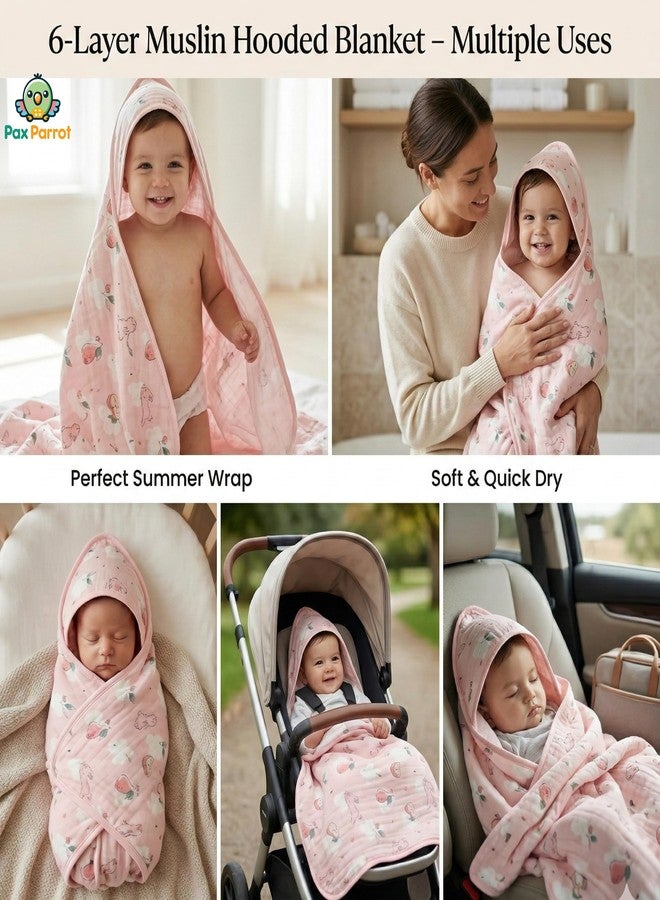 PAX PARROT Premium 6-Layer Muslin Baby Hooded Bathrobe Towel – Ultra Soft, Absorbent & Breathable Bath Towel with Cute Animal Design for Newborns & Toddlers (0–5 Years), 90×80 cm (Pink) - Image 4