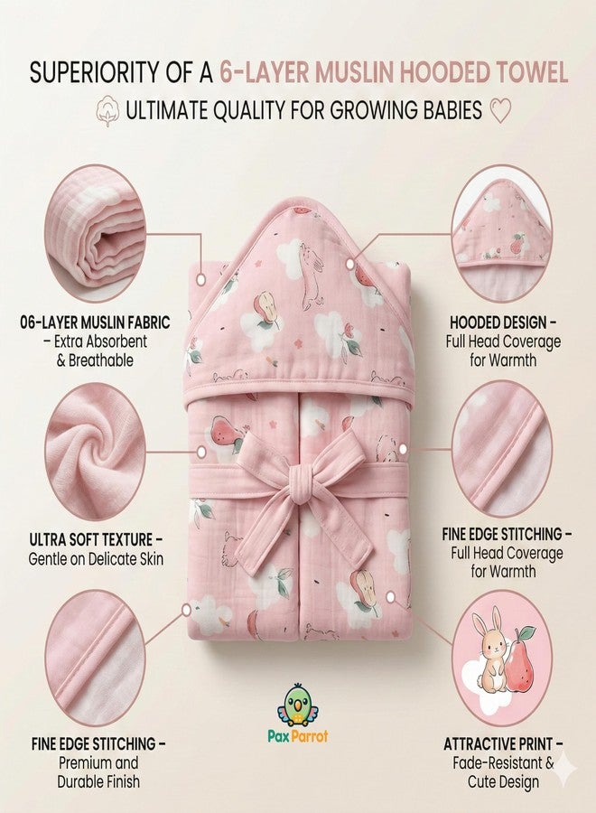 PAX PARROT Premium 6-Layer Muslin Baby Hooded Bathrobe Towel – Ultra Soft, Absorbent & Breathable Bath Towel with Cute Animal Design for Newborns & Toddlers (0–5 Years), 90×80 cm (Pink) - Image 3