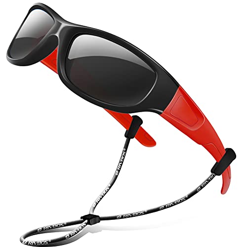 RIVBOS Kids (Age 3-8) Sunglasses Polarized UV Protection Flexible Rubber Glasses Shades with Strap for Boys Girls RBK037-Black&Red - Image 1