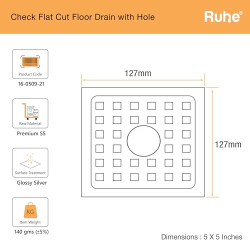 Ruhe® Check Square Flat Cut Floor Drain with Hole | Premium Stainless Steel | 5 x 5 inches | Pack of 6 - Image 3