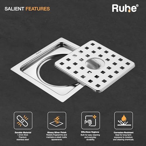 Ruhe® Check Square Flat Cut Floor Drain with Hole | Premium Stainless Steel | 5 x 5 inches | Pack of 6 - Image 5