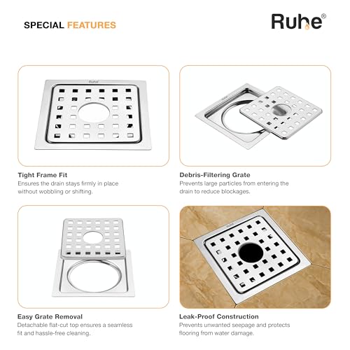 Ruhe® Check Square Flat Cut Floor Drain with Hole | Premium Stainless Steel | 5 x 5 inches | Pack of 6 - Image 4