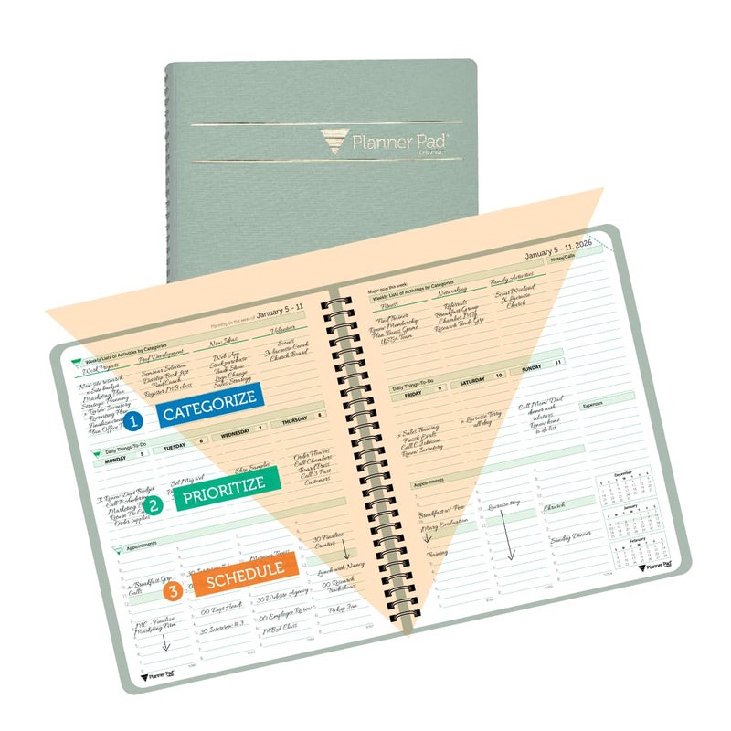 Planner Pad Spiral Bound January-December 2026/ Calendar Year 6 3/4" x 8 1/2" Medium 3-Tier Funnel Down 12 Month Organizer, Greenish Grey Cover/Soft Green Ink - Image 1