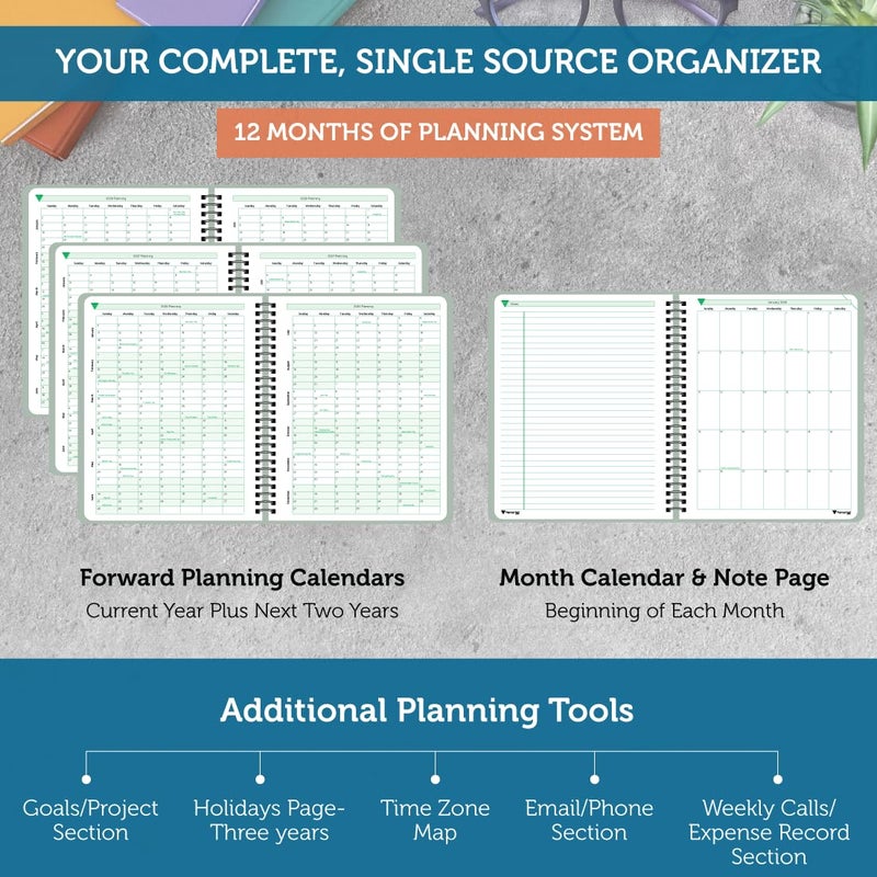 Planner Pad Spiral Bound January-December 2026/ Calendar Year 6 3/4" x 8 1/2" Medium 3-Tier Funnel Down 12 Month Organizer, Greenish Grey Cover/Soft Green Ink - Image 4