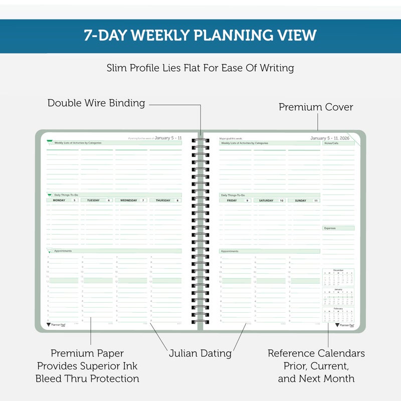 Planner Pad Spiral Bound January-December 2026/ Calendar Year 6 3/4" x 8 1/2" Medium 3-Tier Funnel Down 12 Month Organizer, Greenish Grey Cover/Soft Green Ink - Image 3