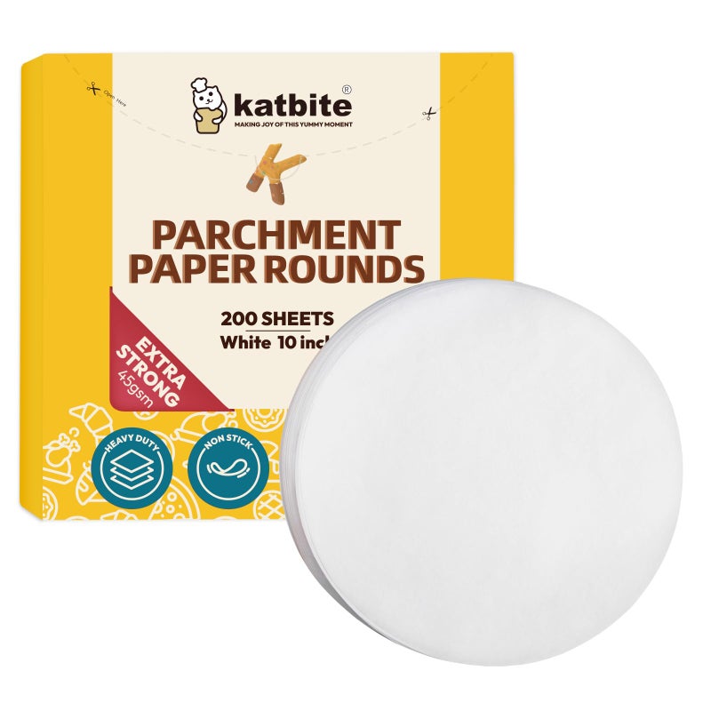 Katbite Heavy Duty Parchment Rounds 10 Inch 200Pcs Round Parchment Paper Rounds Use for Cake Baking Air Fryer Liners Separating Frozen Patty Toaster Oven Tortilla Press