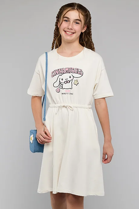 أر أند بي Cinnamoroll Print Fit & Flare Dress with Crew Neck and Short Sleeves