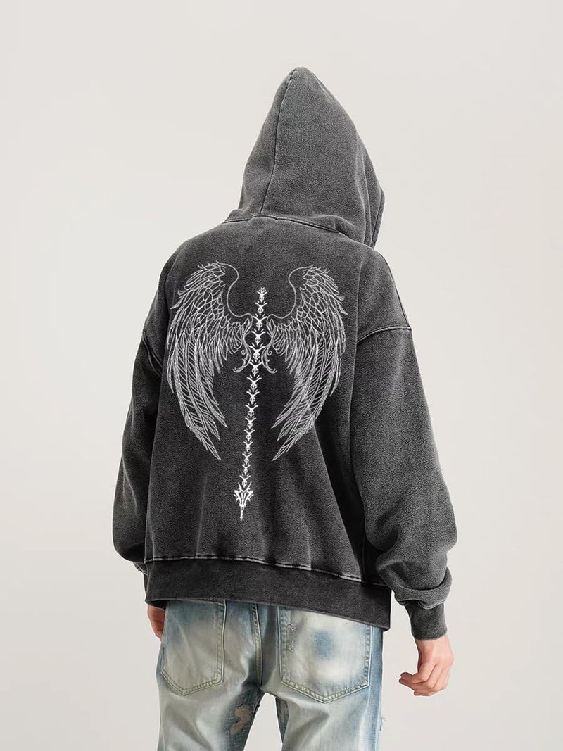 Dynict Unisex Y2K Aicd Wash Gothic Graphic Hoodies Oversize Grunge Skull Wing Print Sweatshirt Casual Fit Pullover (Black,Medium) - Image 5