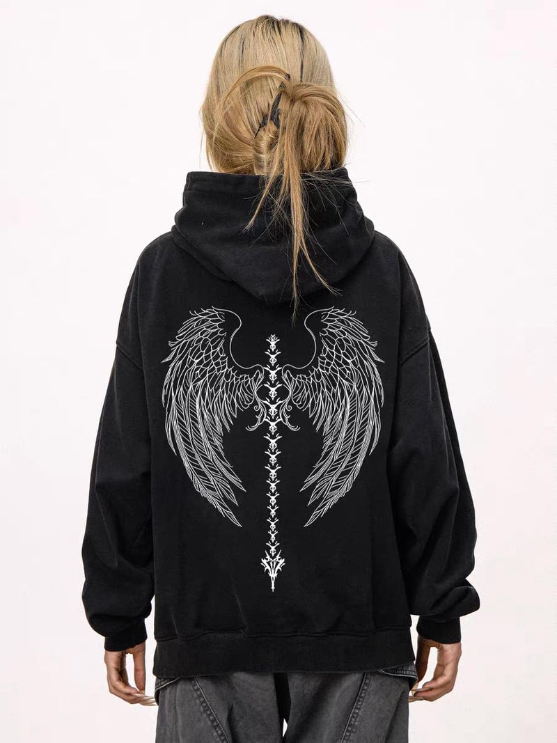 Dynict Unisex Y2K Aicd Wash Gothic Graphic Hoodies Oversize Grunge Skull Wing Print Sweatshirt Casual Fit Pullover (Black,Medium) - Image 3