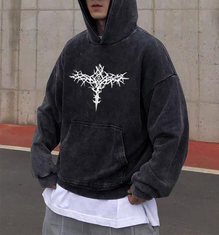 Dynict Unisex Y2K Aicd Wash Gothic Graphic Hoodies Oversize Grunge Skull Wing Print Sweatshirt Casual Fit Pullover (Black,Medium) - Image 2