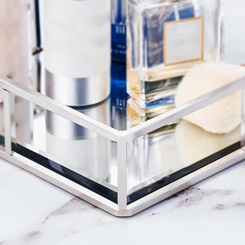 PuTwo Metal Vanity Jewelry Decor Mirror Tray, Glass Perfume Organizer for Bathroom, Counter, Silver - Image 3