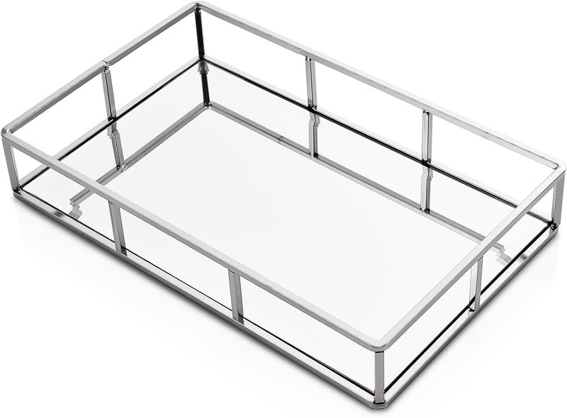 PuTwo Metal Vanity Jewelry Decor Mirror Tray, Glass Perfume Organizer for Bathroom, Counter, Silver - Image 1