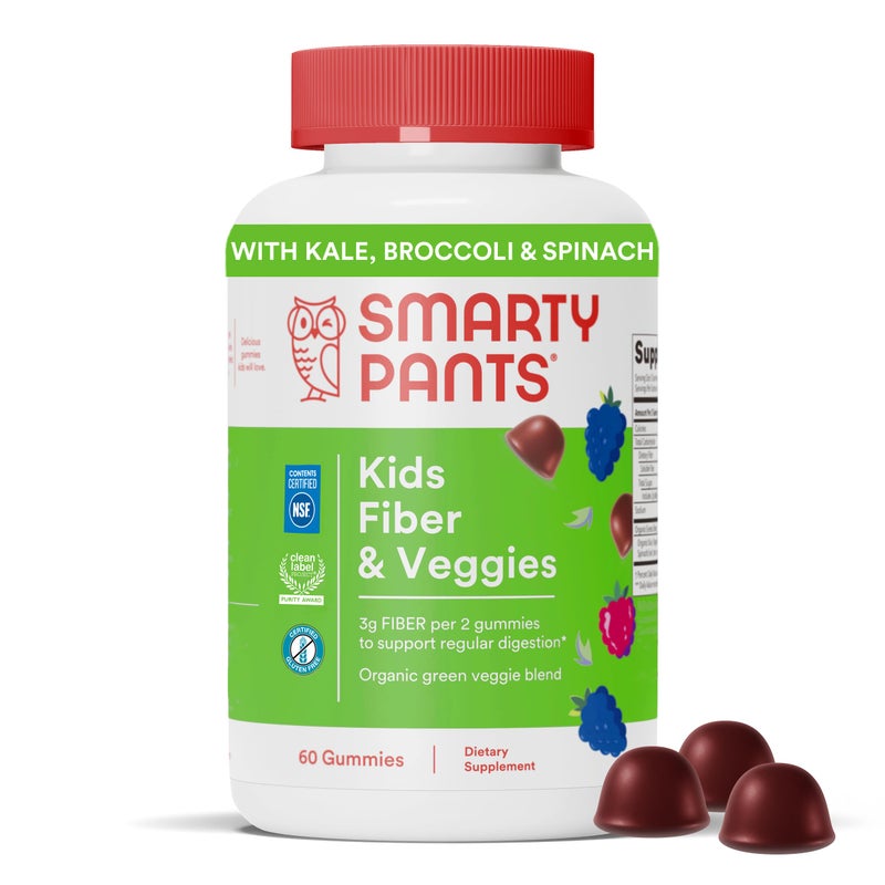 SmartyPants Kids Fiber Veggies Prebiotic Fiber Gummies for Kids Fiber Supplement with Inulin Organic Green Veggie Blend Vegan Gluten Free Mixed Berry Flavor 60 Count 30 Day Supply