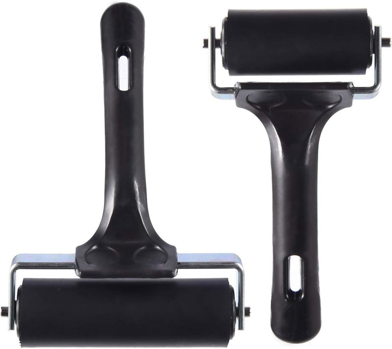 Lainrrew 2 Pcs Rubber Roller, Hard Rubber Brayer Glue Roller for Construction Tools Printmaking Stamping Wallpaper Gluing Application, 3.8" and 2.2" (Black) - Image 1