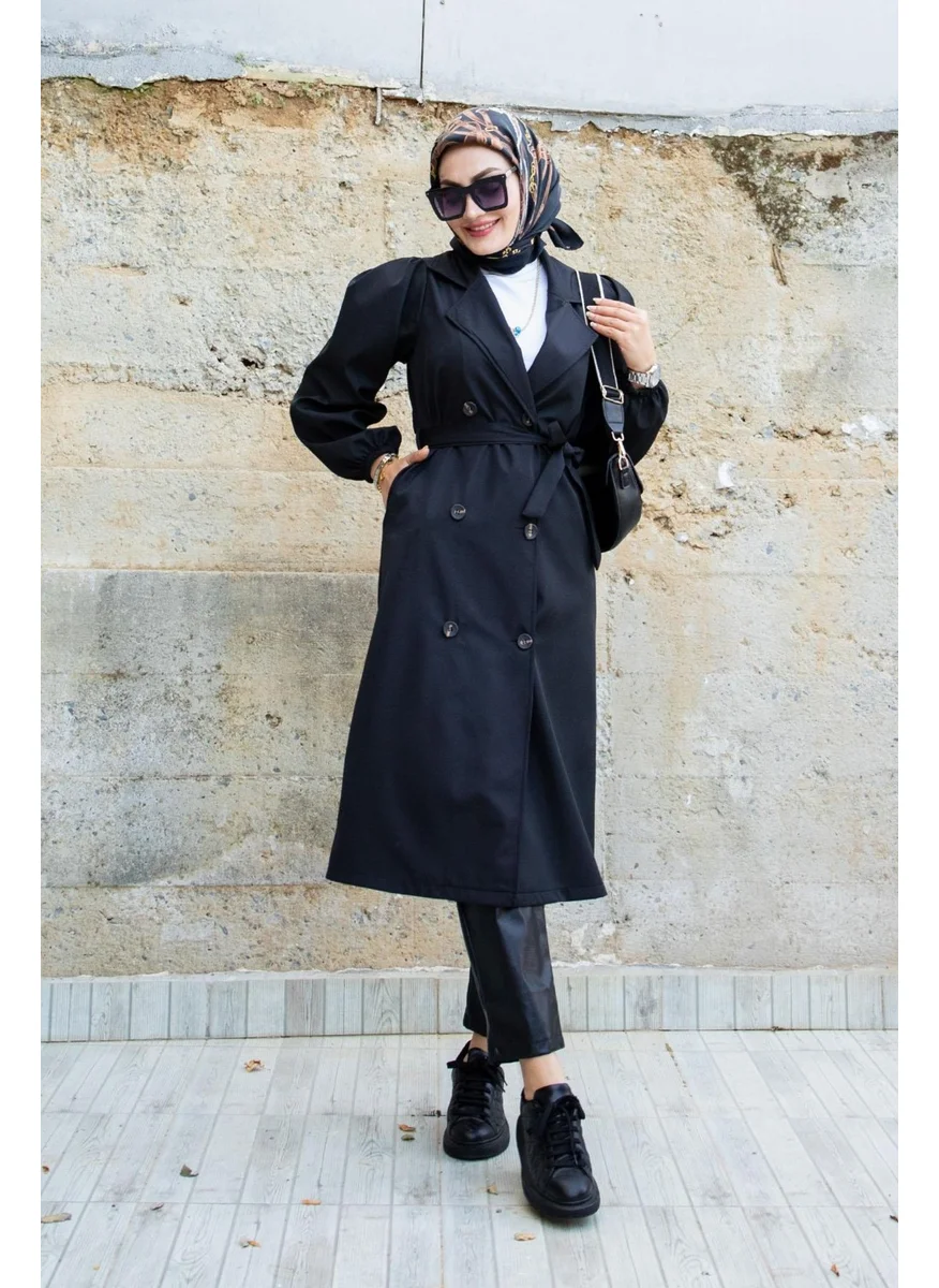 Tesettür Çarşım Rain Buttoned Unlined Trench Coat-Black