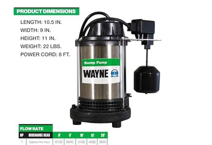 Wayne 1 Hp Heavy Duty Submerisble Cast Iron And Stainless Steel Sump Pump With New Switch Removes Up To 6,100 Gallons Of Water Per Hour - Image 3