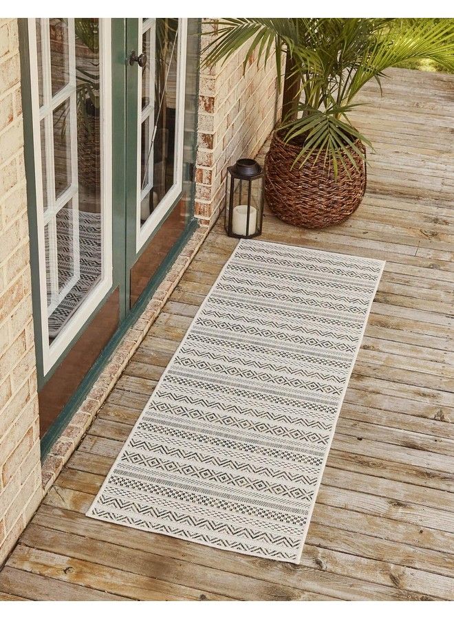 Unique Loom Outdoor Striped Collection Area Rug Maia (2' X 7' 10" Runner Green Ivory) - Image 1