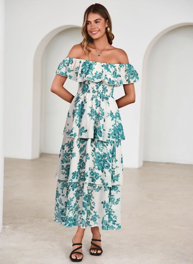 SIMPLEE Womens Floral Maxi Dress Off Shoulder A Line Flowy Ruffle Wedding Guest Dresses, White Green, M - Image 2