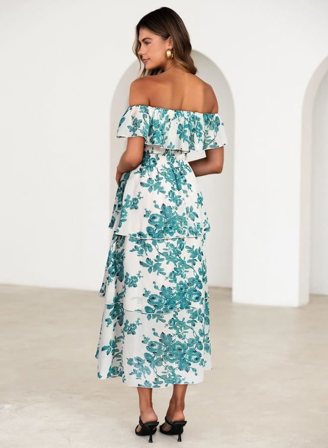 SIMPLEE Womens Floral Maxi Dress Off Shoulder A Line Flowy Ruffle Wedding Guest Dresses, White Green, M - Image 3