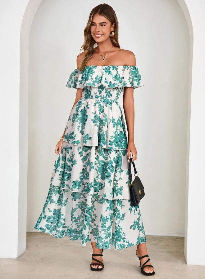 SIMPLEE Womens Floral Maxi Dress Off Shoulder A Line Flowy Ruffle Wedding Guest Dresses, White Green, M - Image 5