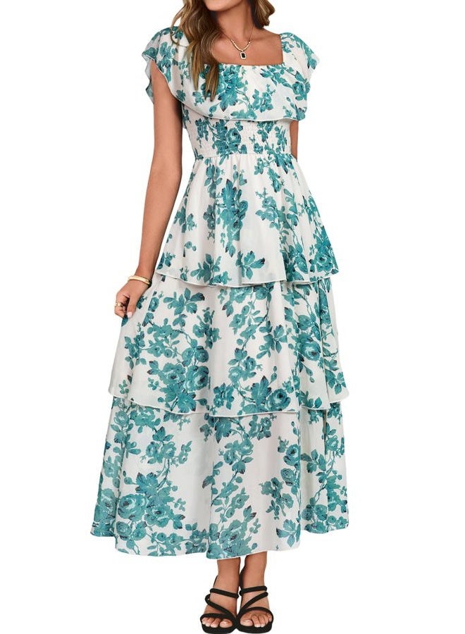 SIMPLEE Womens Floral Maxi Dress Off Shoulder A Line Flowy Ruffle Wedding Guest Dresses, White Green, M - Image 1
