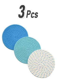 Y&D Kitchen Pot Holders Set 100% Pure Cotton Thread Weave Stylish Coasters, Hot Pads, Mats, Spoon Rest For Cooking and Baking by Diameter 7 Inches Blue 3 PCS  - Image 1