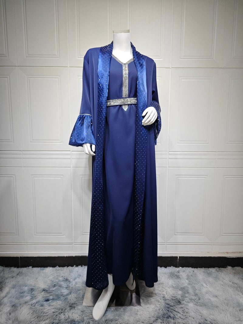 AB536 Women's Kaftan 3-Piece Set with Crystal Rhinestone Decor, Flounce Sleeves, Elegant Long Dress