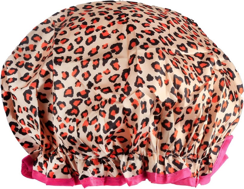 Reusable Shower Cap Double Layer Waterproof Adult Double Layer Waterproof Shower Cap Kitchen Makeup Head Cover for Hair Washing and BathingLeopard print with red trim