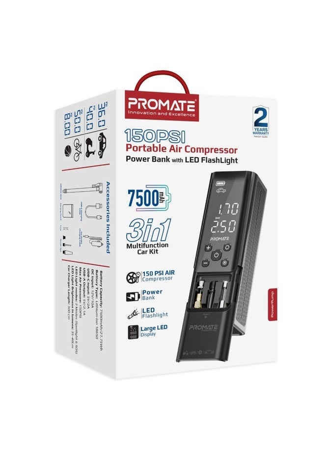 Promats Promate PowerPump 150PSI Portable Air Compressor Power Bank w/ LED Flashlight  - Image 2