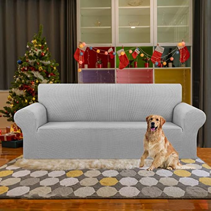 KEKUOU Stretch Sofa Cover Slipcover Couch Covers for 3 Cushion Couch Sofa pet Friendly (78"-94") Furniture Protector Sofa with Elastic Bottom for Kids,Dog, Jacquard Small Checked(Large,Silver) - Image 5