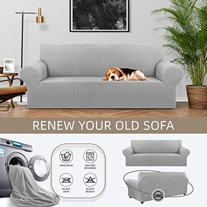 KEKUOU Stretch Sofa Cover Slipcover Couch Covers for 3 Cushion Couch Sofa pet Friendly (78"-94") Furniture Protector Sofa with Elastic Bottom for Kids,Dog, Jacquard Small Checked(Large,Silver) - Image 3