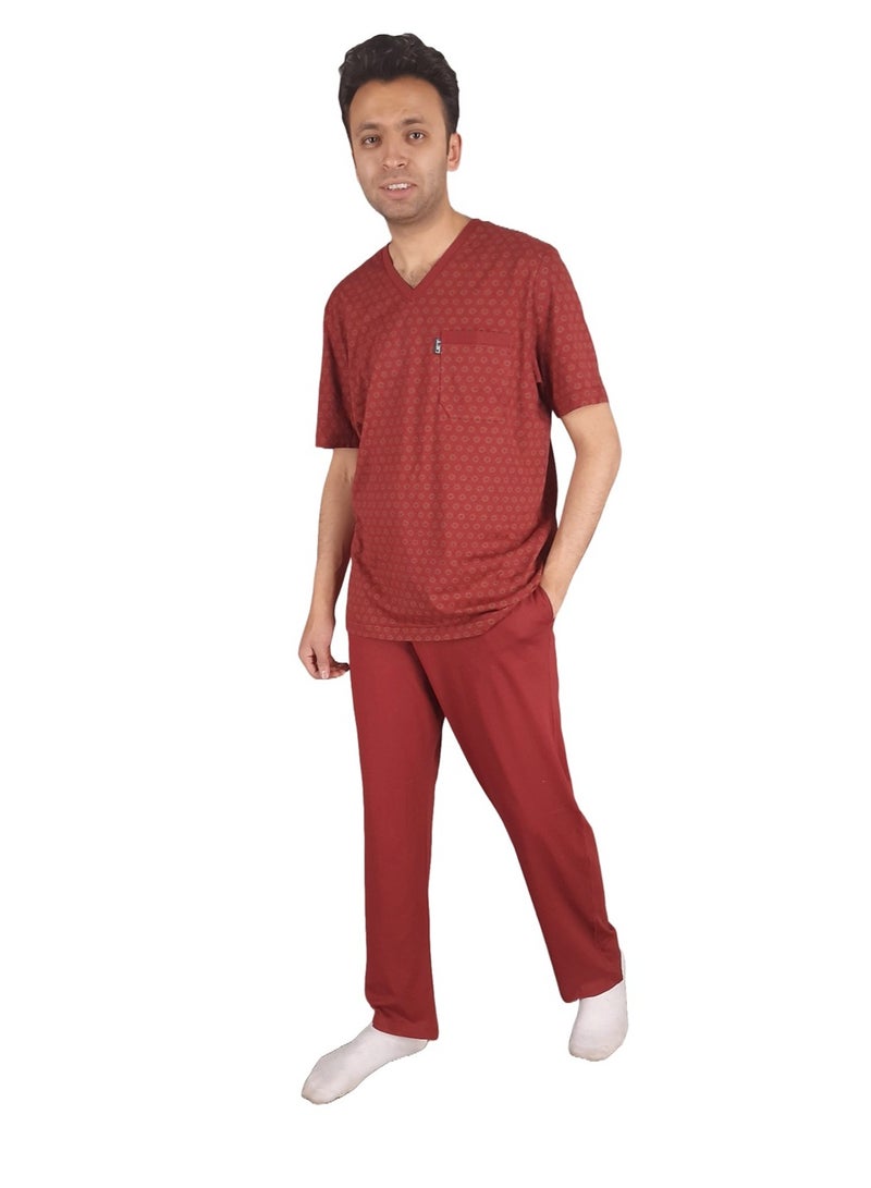 Jet Men Summer Pajama Set Printed Top & Plain Bottom - Burgundy