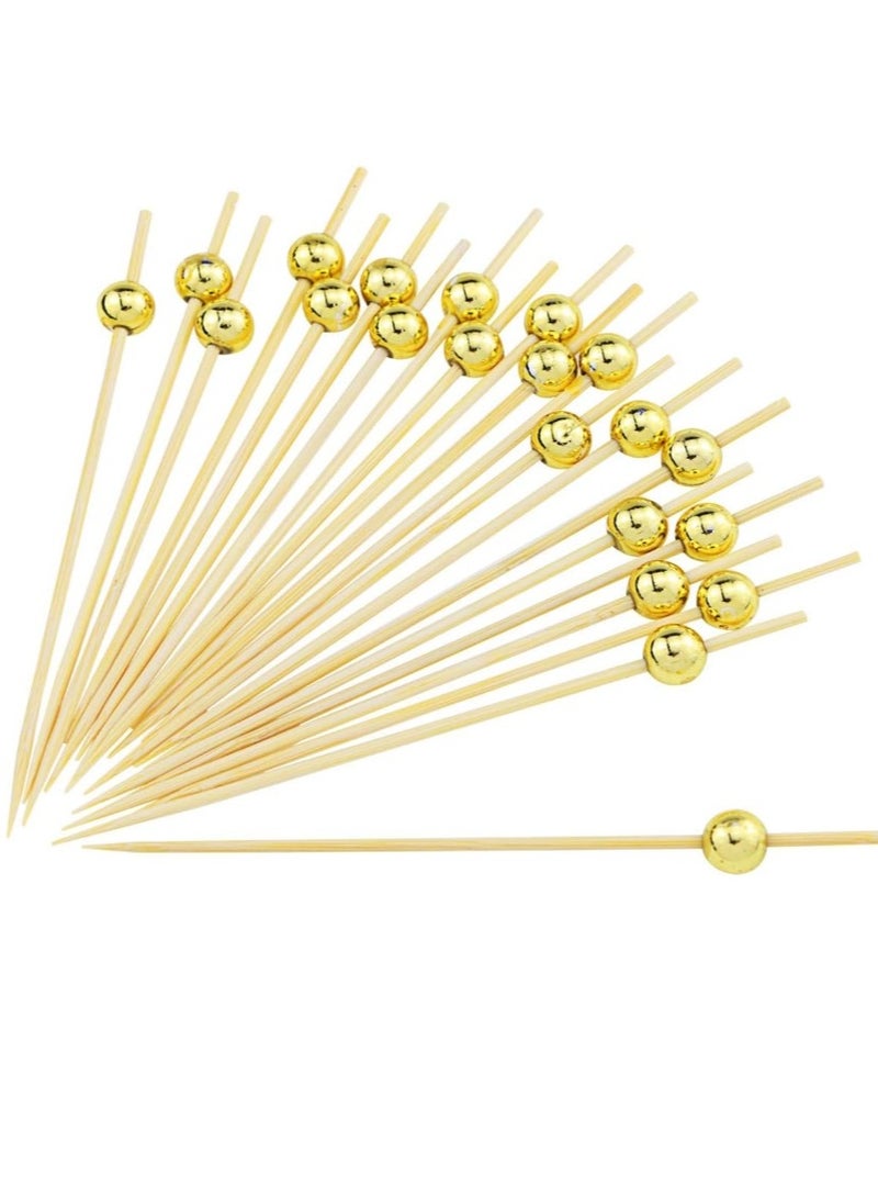 OASIS-TH 100 Pieces  4.7 Inches Gold Pearl Fruit Sticks,Handmade Cake snack Picks Sticks Wooden Toothpicks - Image 1