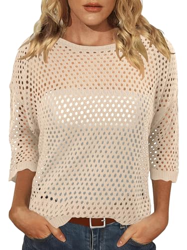 CRAZY GRID Women Fashion Swimsuit Crochet Swim Cover Ups 2026 Summer Bathing Mesh Knit Pullover Sweater Beach Dressy Vacation Outfits Apricot Small - Image 4