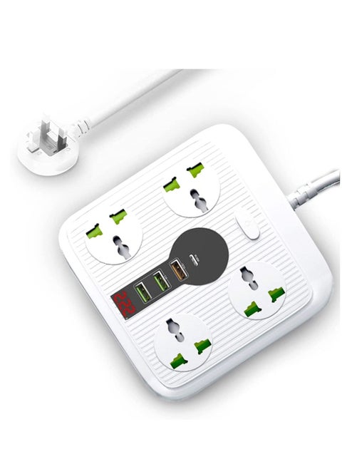 Power Strip Surge Protector with USB Extension Cord Flat Plug with Widely 4 AC Outlet and 3 USB 1 PD LED Small Desktop Station with 6 feet Power Cord Compact Socket for Travel Home and Office.