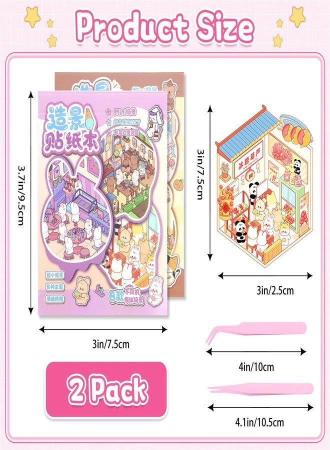 Nuesaurd 3D Sticker Scene Book 2 Packs Mini Scene Sticker Book with 16 Scenes 3D Scene Stickers for Adults Sticker Scenes Set for Creative Fun Miniature Scene Sticker Book for Travel Party Favors - Image 2