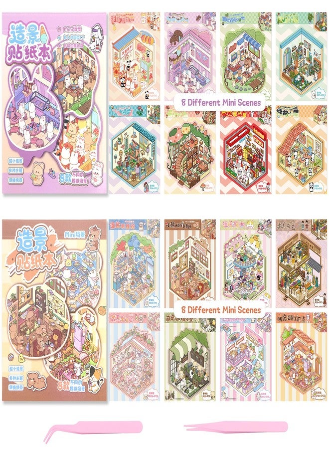 Nuesaurd 3D Sticker Scene Book 2 Packs Mini Scene Sticker Book with 16 Scenes 3D Scene Stickers for Adults Sticker Scenes Set for Creative Fun Miniature Scene Sticker Book for Travel Party Favors - Image 1