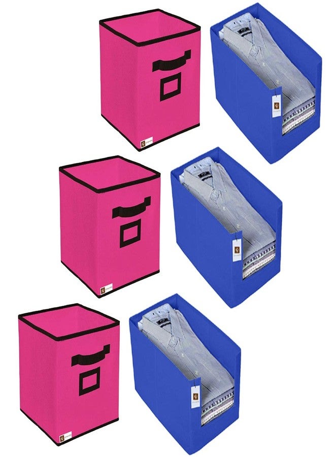 UNICRAFTS Shirt Stacker Wardrobe Organizer With Storage Box Organizer for Clothes Toys Organizer Files Storage Organiser Cloth Cover Large Capacity Pack of 6 3 Blue Shirt Stacker 3 Pink Storage Box - Image 1