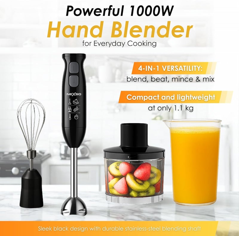 Nexso 1000W 4-in-1 Hand Blender Set - High Torque Motor, Two Speed Control, Stainless Steel Blades, 20 Ounce Cup, 17 Ounce Cup, Egg Whisk - Perfect - Image 2