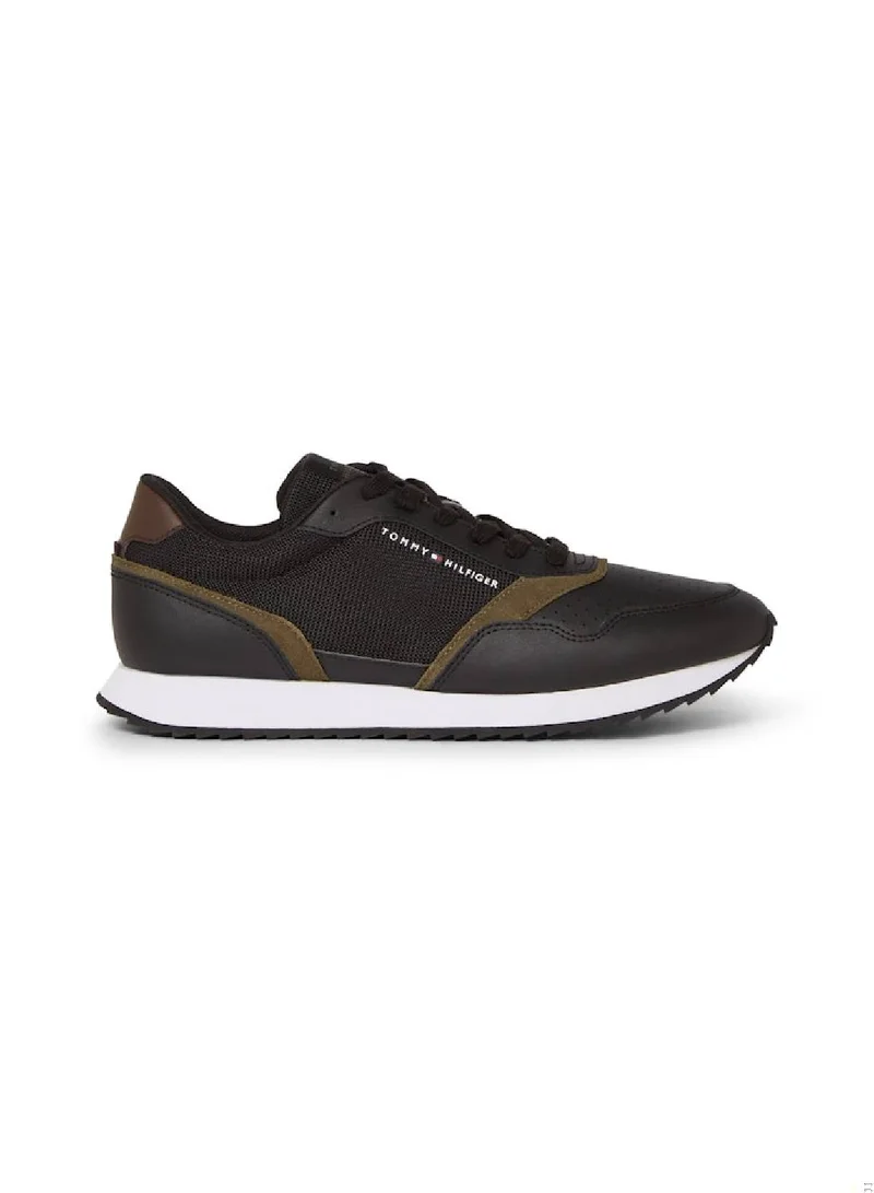 TOMMY HILFIGER Men's Leather Serrated Runner Trainers, Black - Leather
