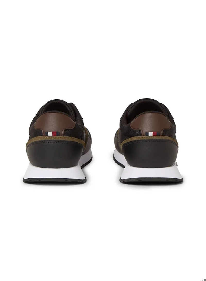 TOMMY HILFIGER Men's Leather Serrated Runner Trainers, Black - Leather