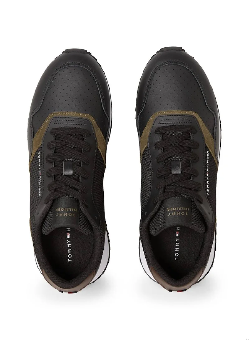 TOMMY HILFIGER Men's Leather Serrated Runner Trainers, Black - Leather