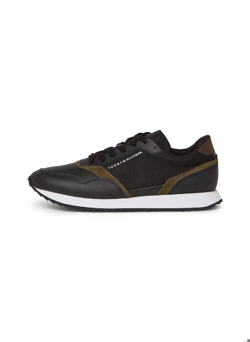TOMMY HILFIGER Men's Leather Serrated Runner Trainers, Black - Leather