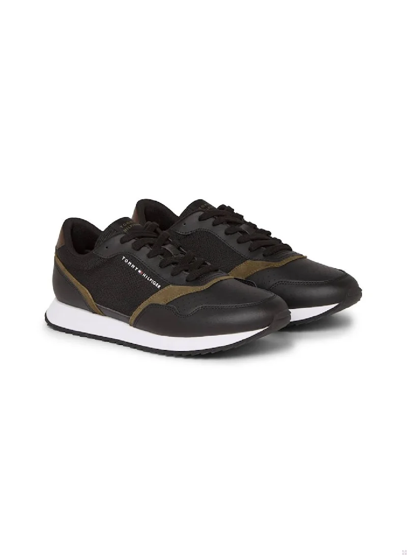 TOMMY HILFIGER Men's Leather Serrated Runner Trainers, Black - Leather