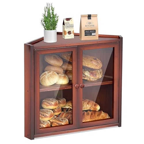 BAMBANG Bread Box, Double Layer Bamboo Bread Bin for Homemade Bread Bakers and Corner Kitchen Countertop with Double Doors, Not Suitable for Oversized Loaves, Brown - Image 1