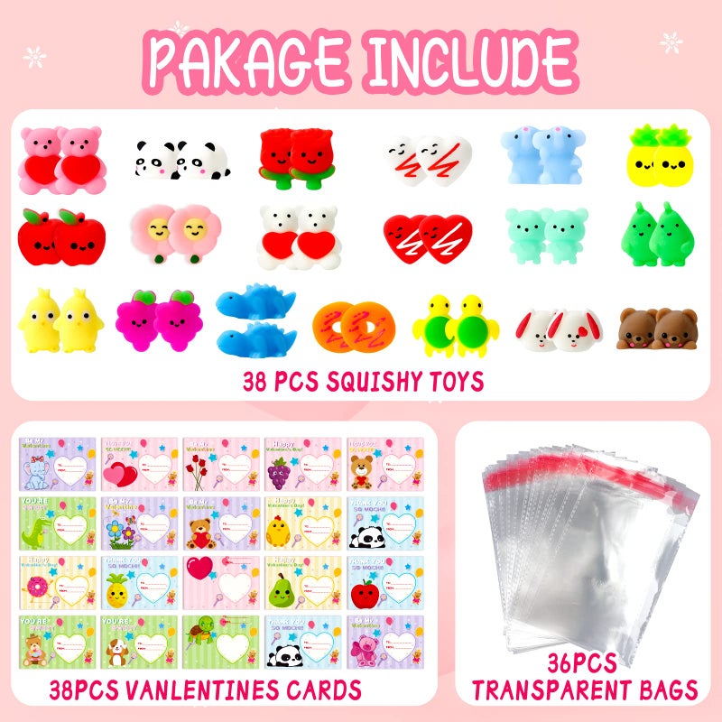 MGparty Valentines Gifts for Kids with 38 Pack Kawaii Mochi Squishies Toys, Valentines Cards for Kids Classroom Exchange Prizes Boys Girls School Party Favors - Image 2