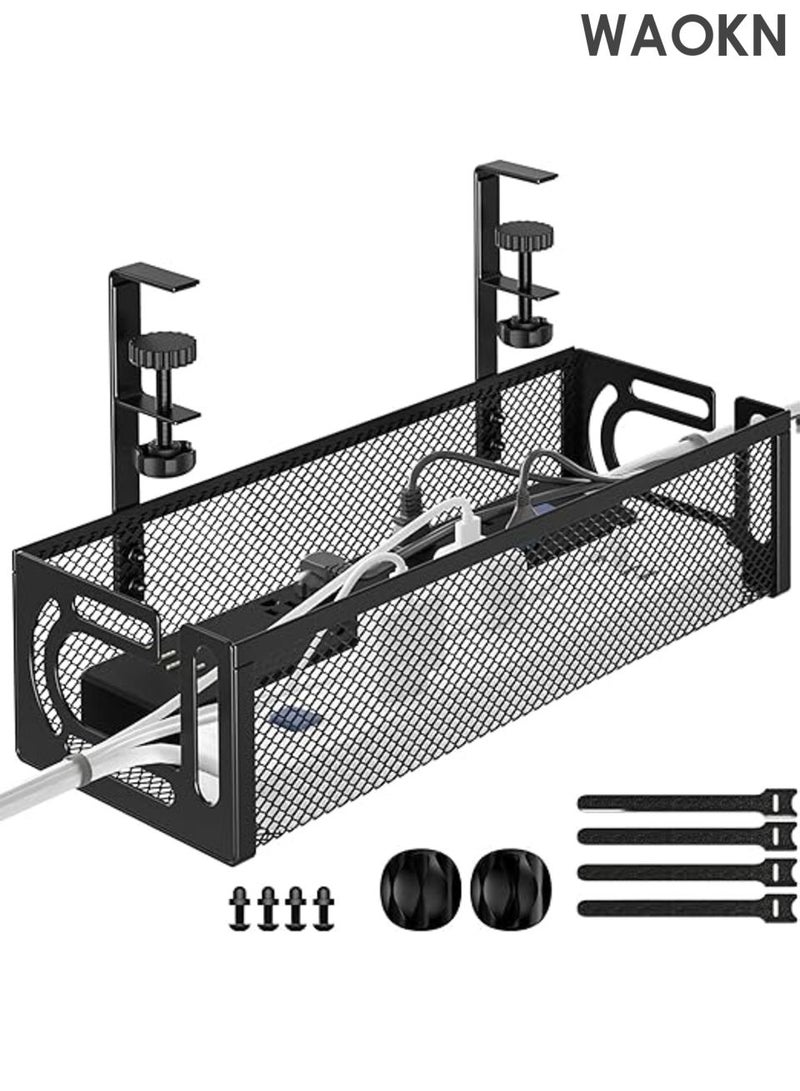 WAOKN Cable management under desktop, cable management tray under desktop, desktop cable organizer, cable management box, desktop cable organizer, expandable storage basket, office desktop storage, home desktop without damage or drilling. - Image 1