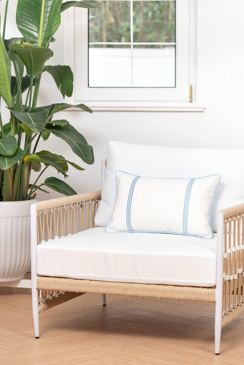 Hofdeco Premium Coastal Hampton Style Patio Indoor Outdoor Lumbar Pillow Cover Only, 12"x20" Water Resistant for Backyard, Couch, Baby Blue Embroidered Vertical Line - Image 3