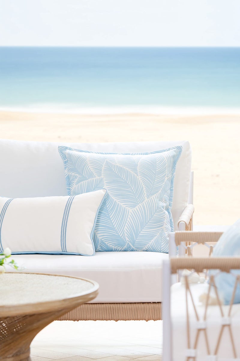 Hofdeco Premium Coastal Hampton Style Patio Indoor Outdoor Lumbar Pillow Cover Only, 12"x20" Water Resistant for Backyard, Couch, Baby Blue Embroidered Vertical Line - Image 2