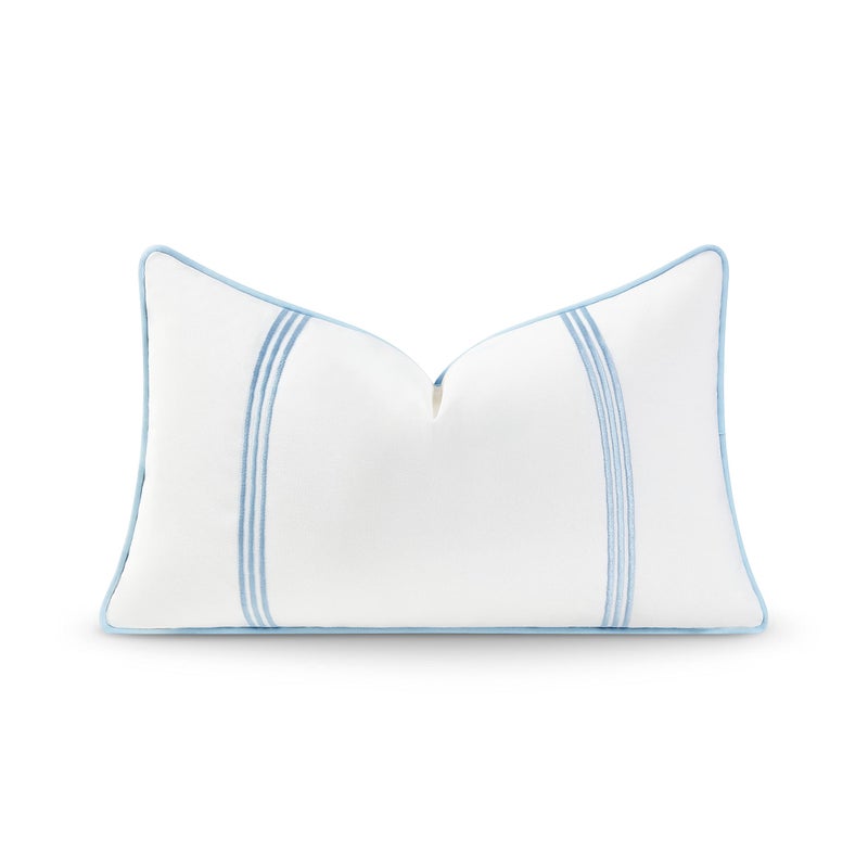 Hofdeco Premium Coastal Hampton Style Patio Indoor Outdoor Lumbar Pillow Cover Only, 12"x20" Water Resistant for Backyard, Couch, Baby Blue Embroidered Vertical Line - Image 1
